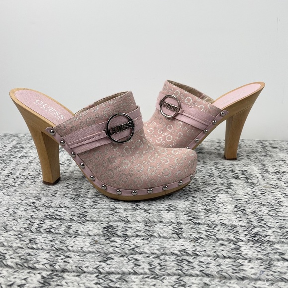 Guess Shoes - GUESS Logo Pink Whitney Shoes Heels Clogs Mules Woven and Leather-Studded Sz 8.5